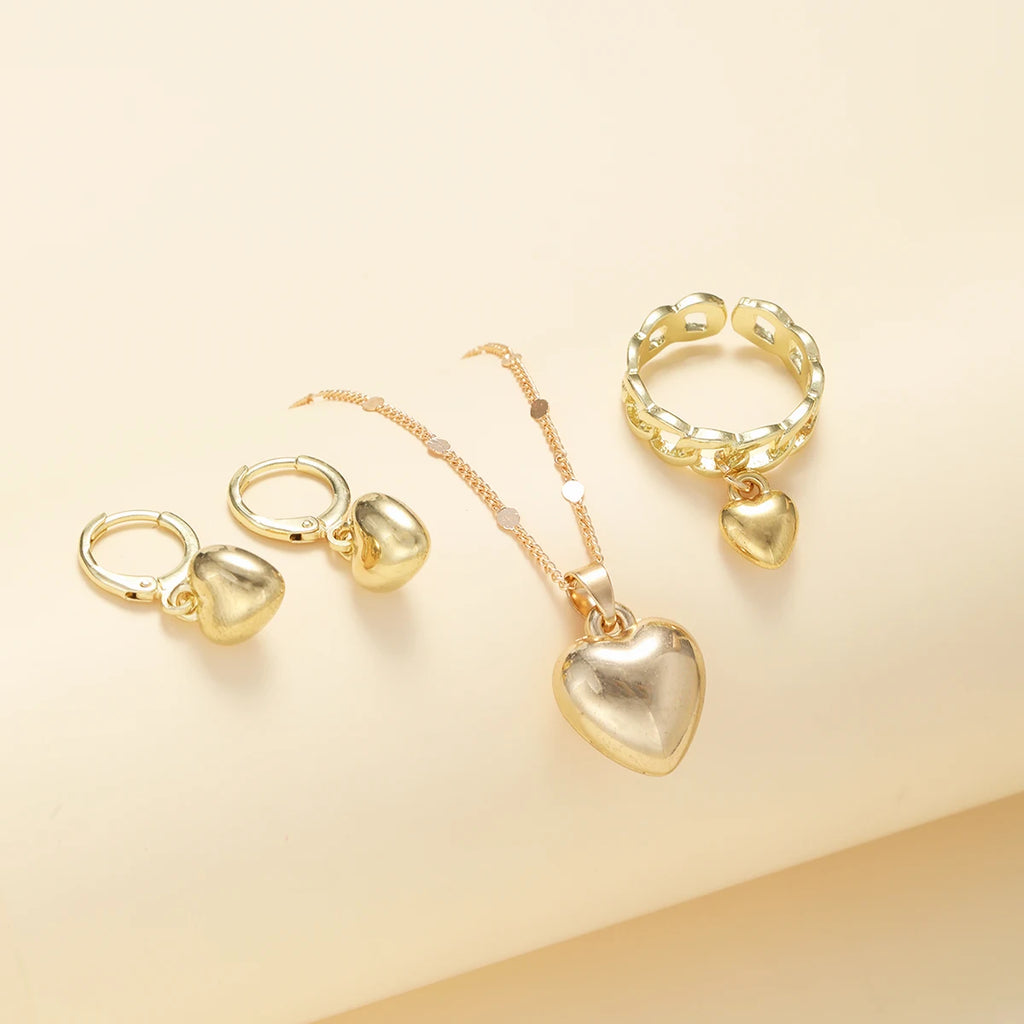Vintage Gold Heart Necklace, Ring & Hoop Earring Set