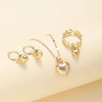 Vintage Gold Heart Necklace, Ring & Hoop Earring Set