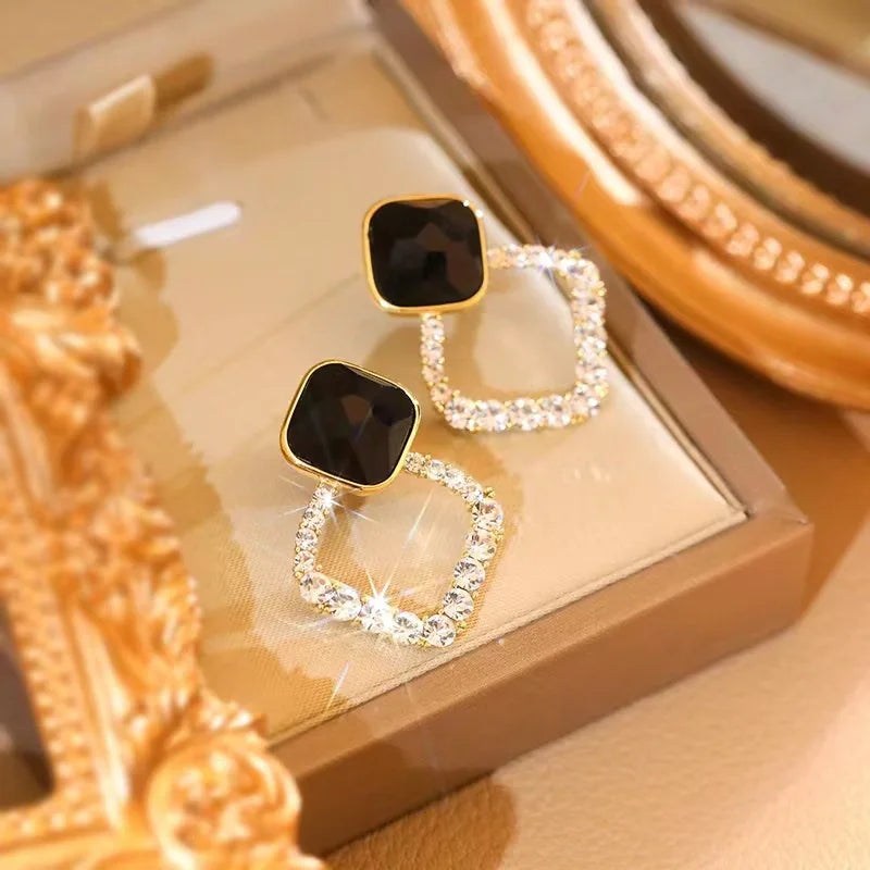 Black Zircon Square Geometric Stud Earrings