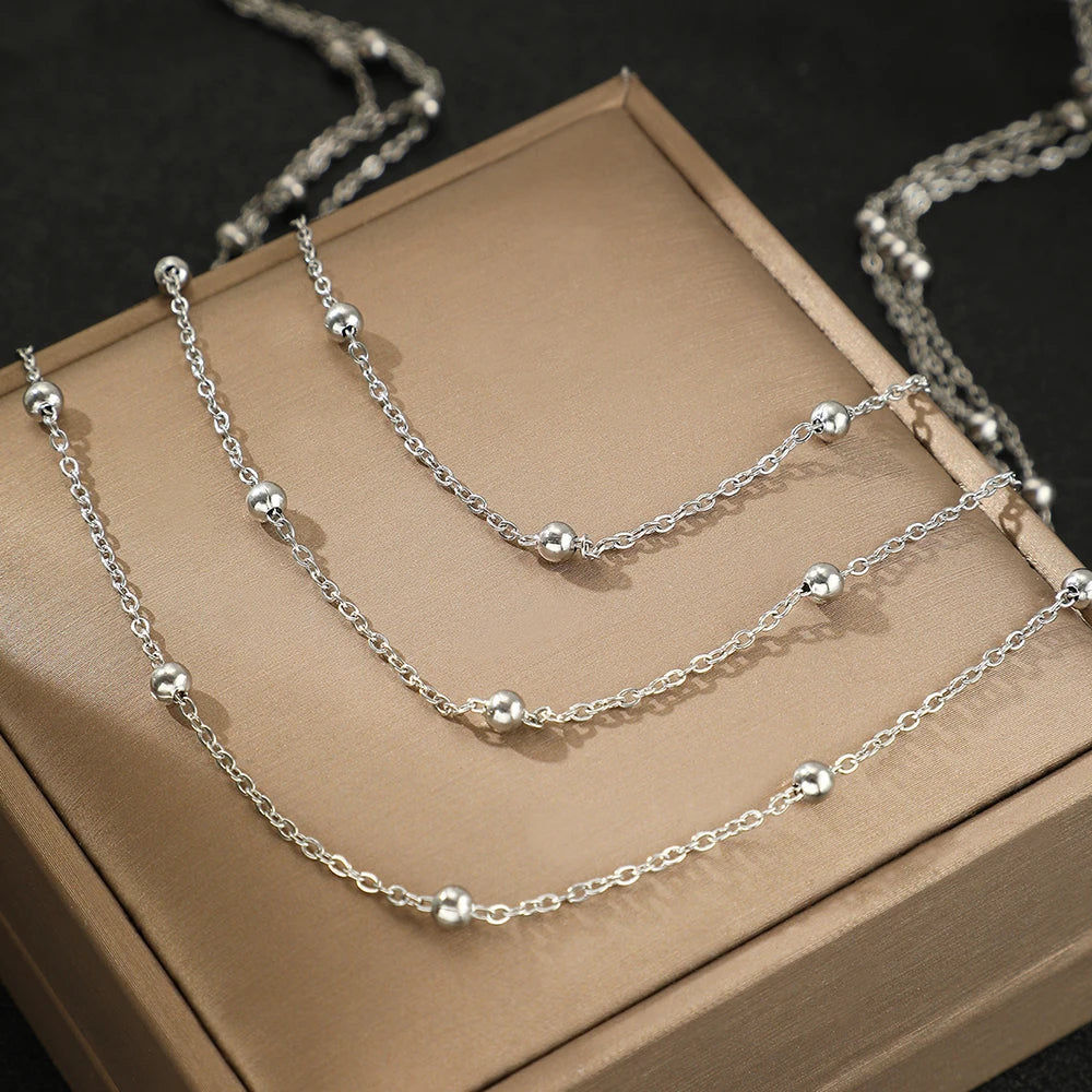 Delicate Multi-Layer Beaded Stainless Steel Necklace