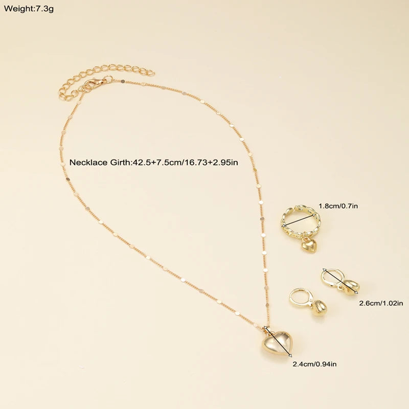 Vintage Gold Heart Necklace, Ring & Hoop Earring Set