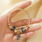 Elegant Gold Beaded Heart Charm Cuff Bracelet