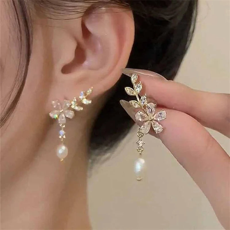Elegant Crystal Floral Tassel Stud Earrings