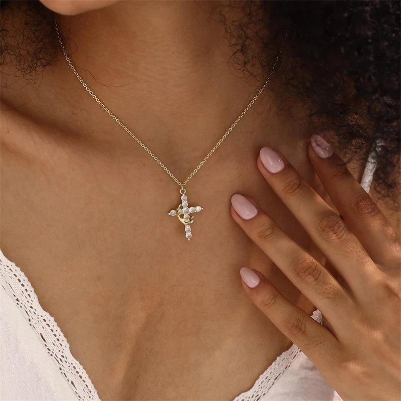 Sparkling Stainless Steel Rotatable Crown Cross Necklace