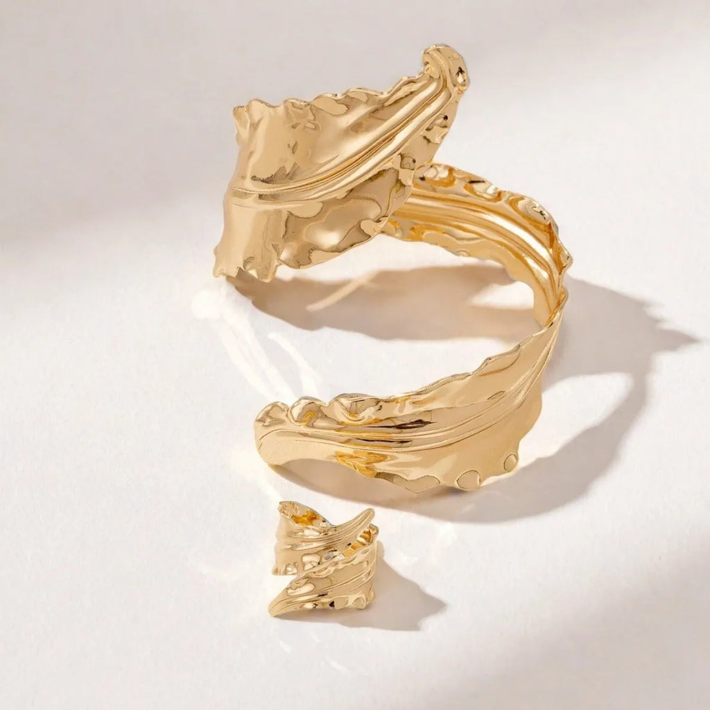 Vintage Gold Leaf Bangle & Adjustable Ring Set