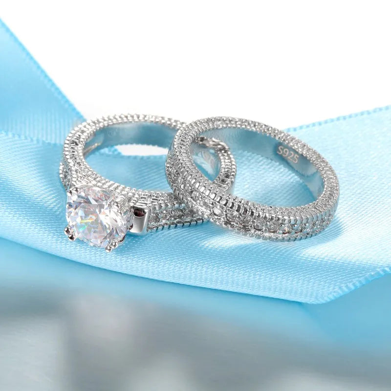 925 Sterling Silver CZ Matching Couple's Ring Set