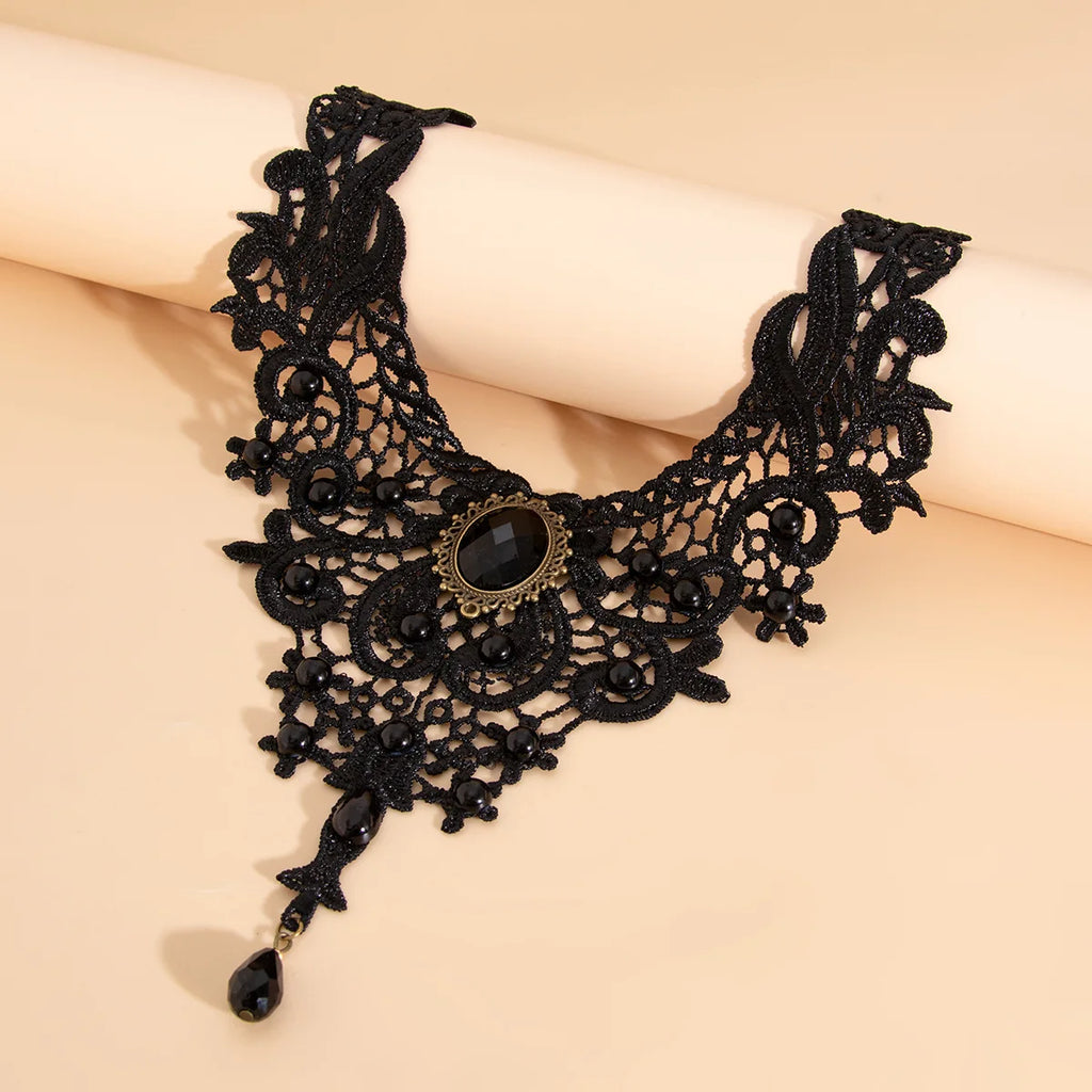Vintage Black Lace Gothic Gem Choker Necklace