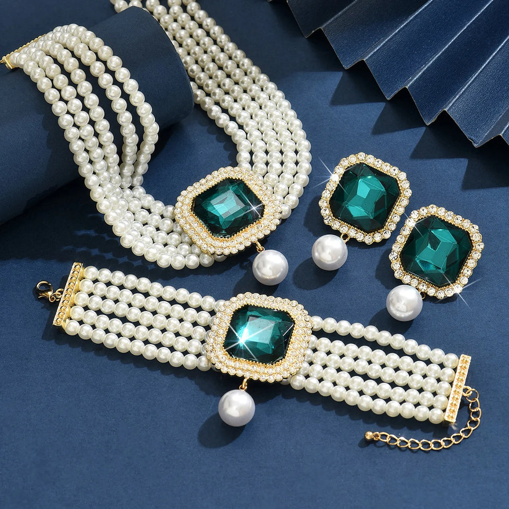 Luxury Faux Pearl & Rhinestone 4-Piece Jewelry Set