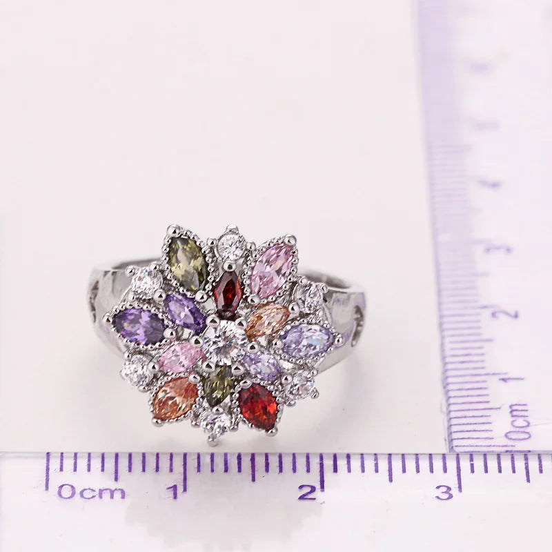 925 Sterling Silver Colorful Cubic Zirconia Flower Ring