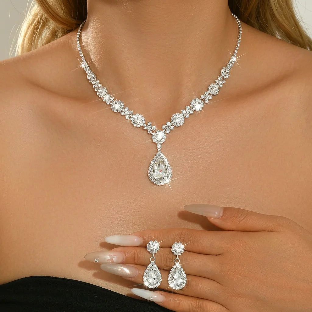 Classic Teardrop Crystal Necklace & Earrings Set