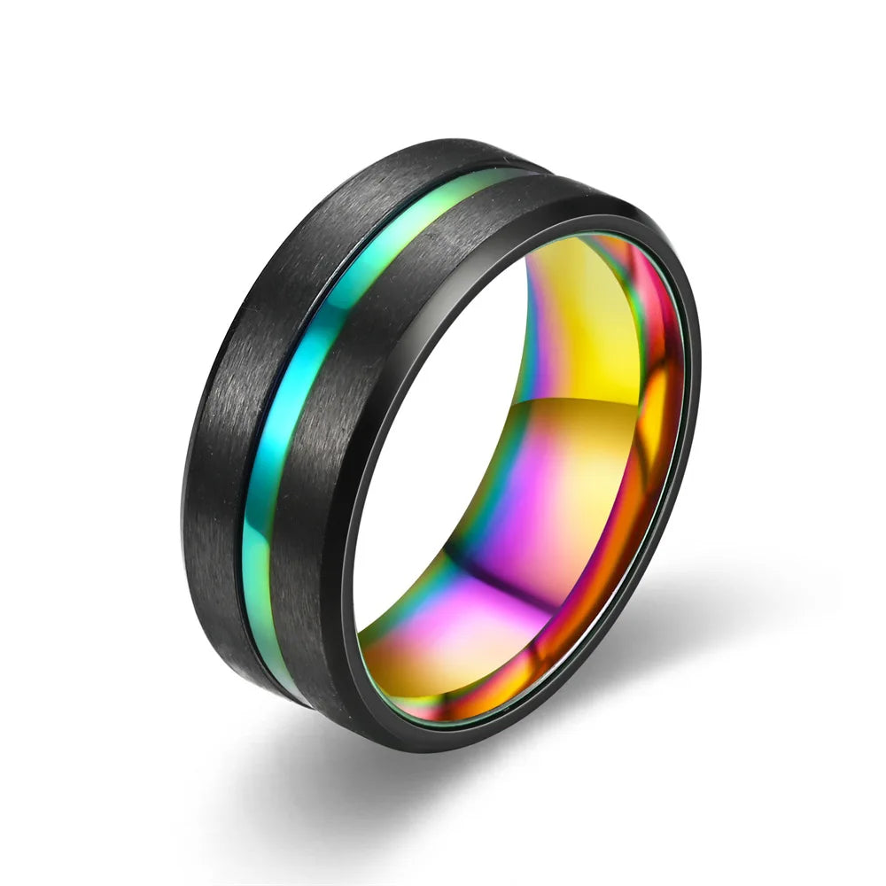 Men's 8mm Black Grooved Stainless Steel Wedding Band Ring