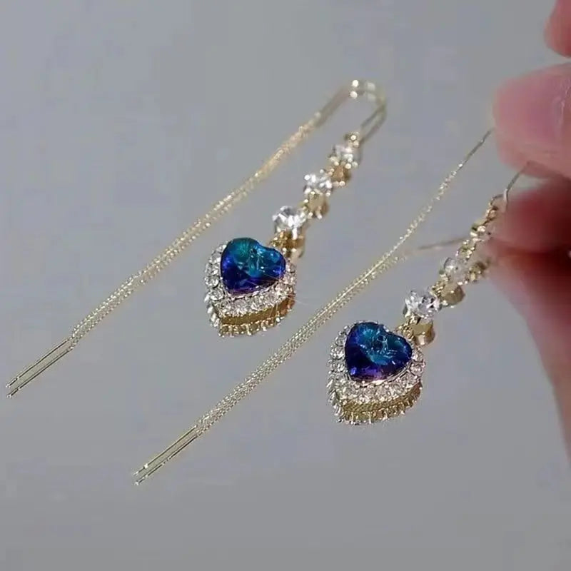Elegant Blue Heart Zircon Tassel Drop Earrings