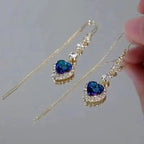 Elegant Blue Heart Zircon Tassel Drop Earrings