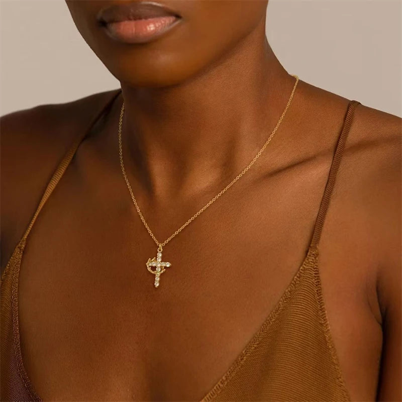 Sparkling Stainless Steel Rotatable Crown Cross Necklace