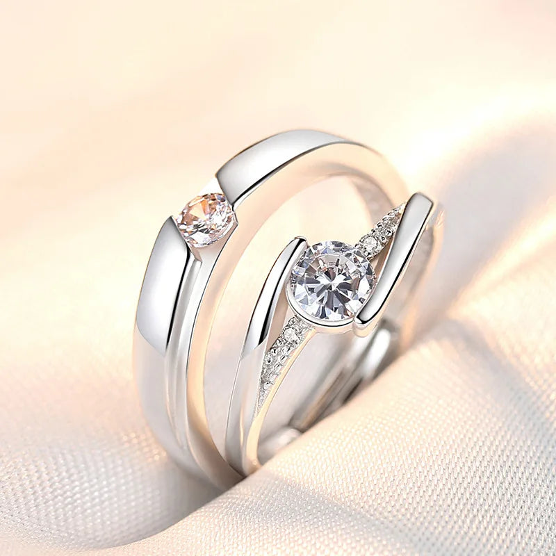 2PCS Matching 925 Sterling Silver Zircon Couple Rings