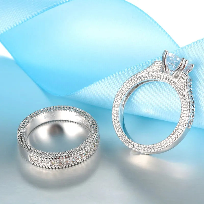 925 Sterling Silver CZ Matching Couple's Ring Set