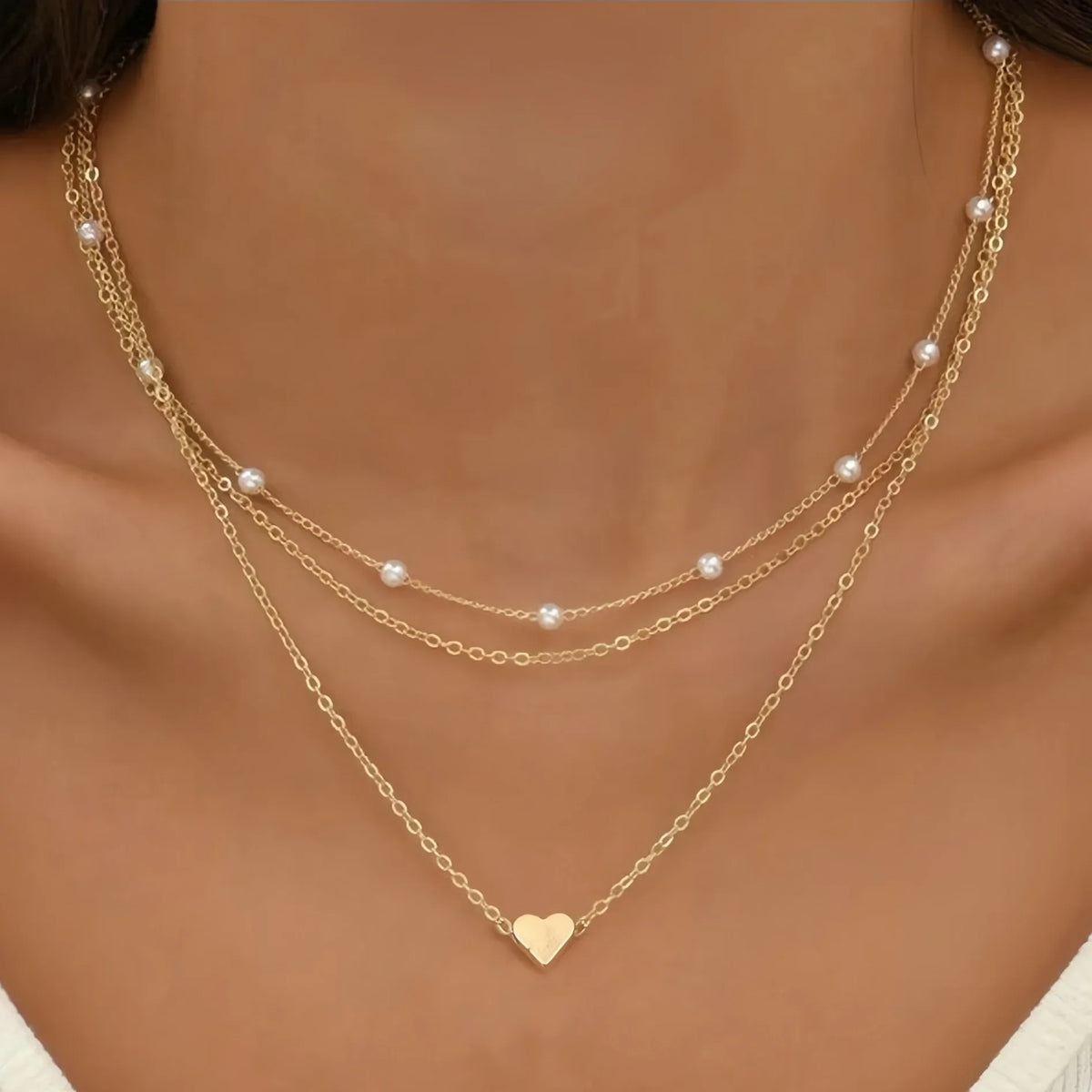 Layered Gold-Tone Pearl & Heart Pendant Necklace