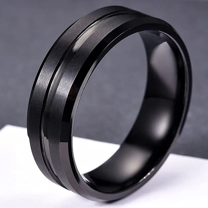 Men's 8mm Black Grooved Stainless Steel Wedding Band Ring
