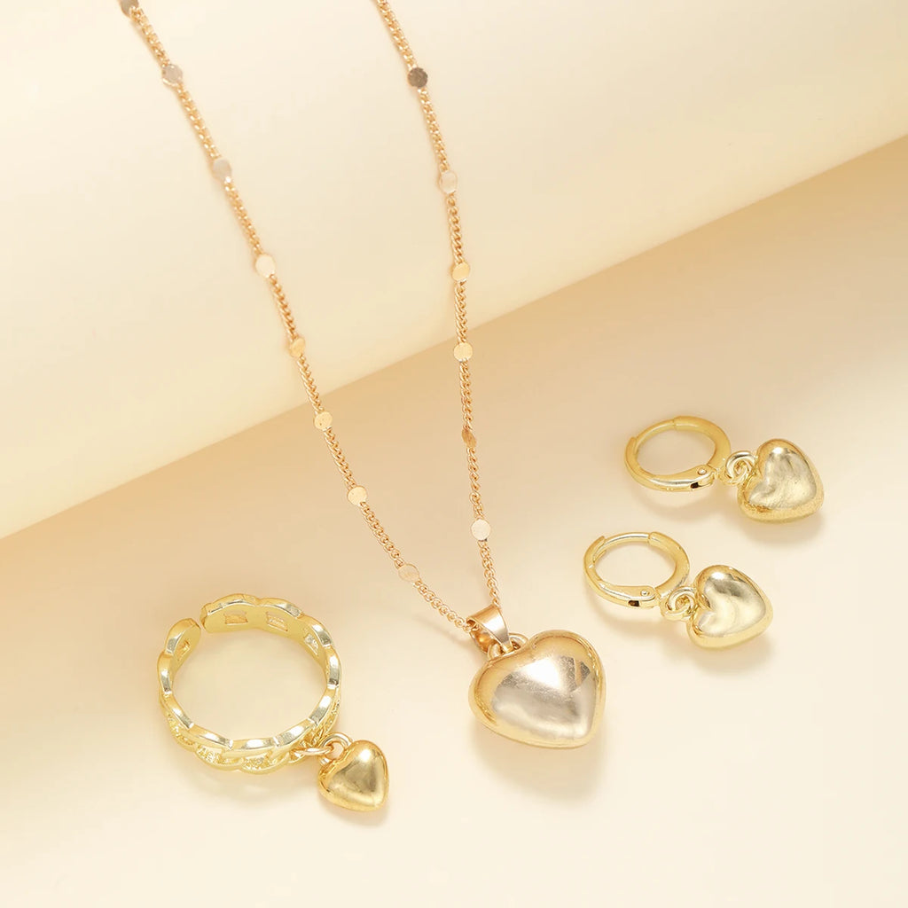Vintage Gold Heart Necklace, Ring & Hoop Earring Set