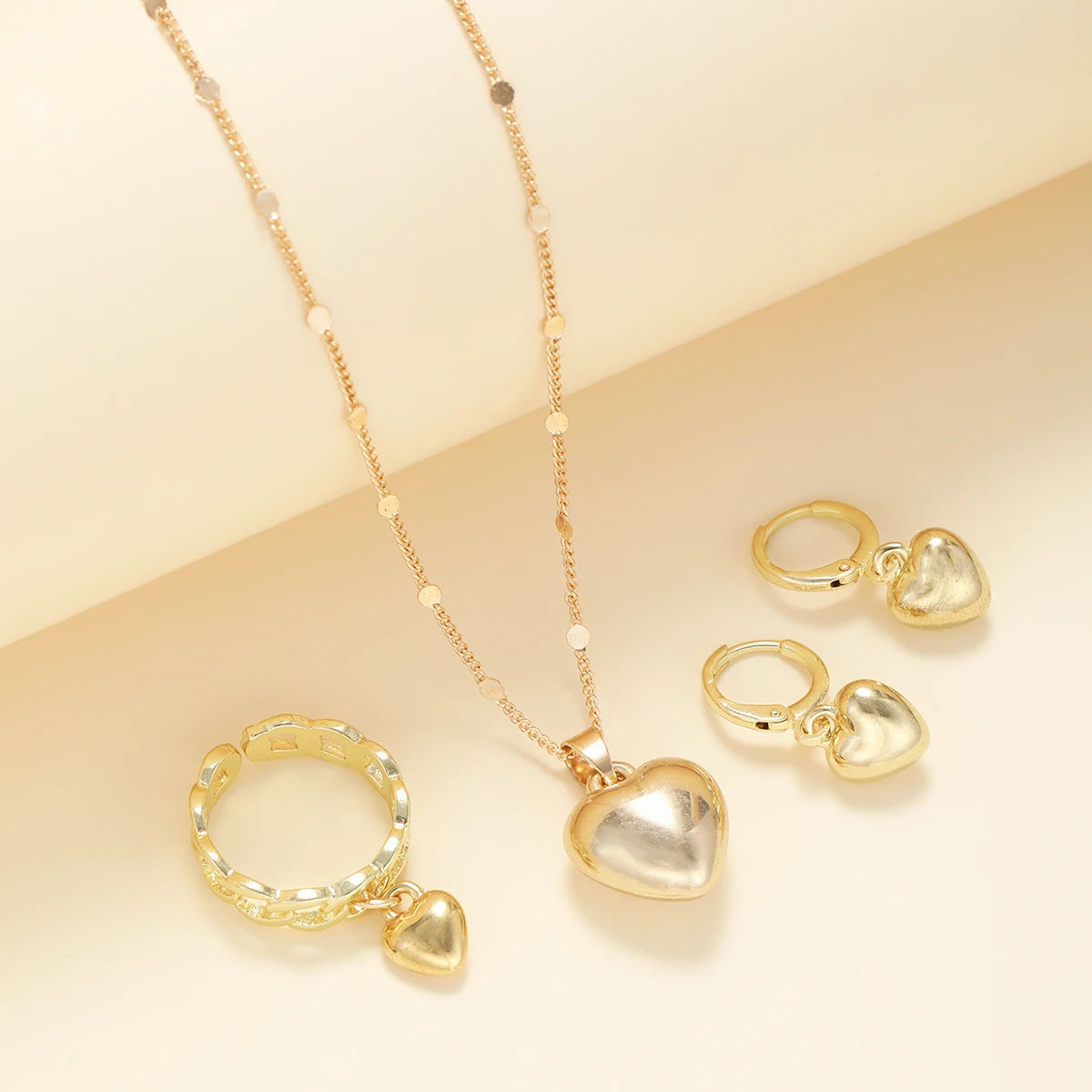 Vintage Gold Heart Necklace, Ring & Hoop Earring Set