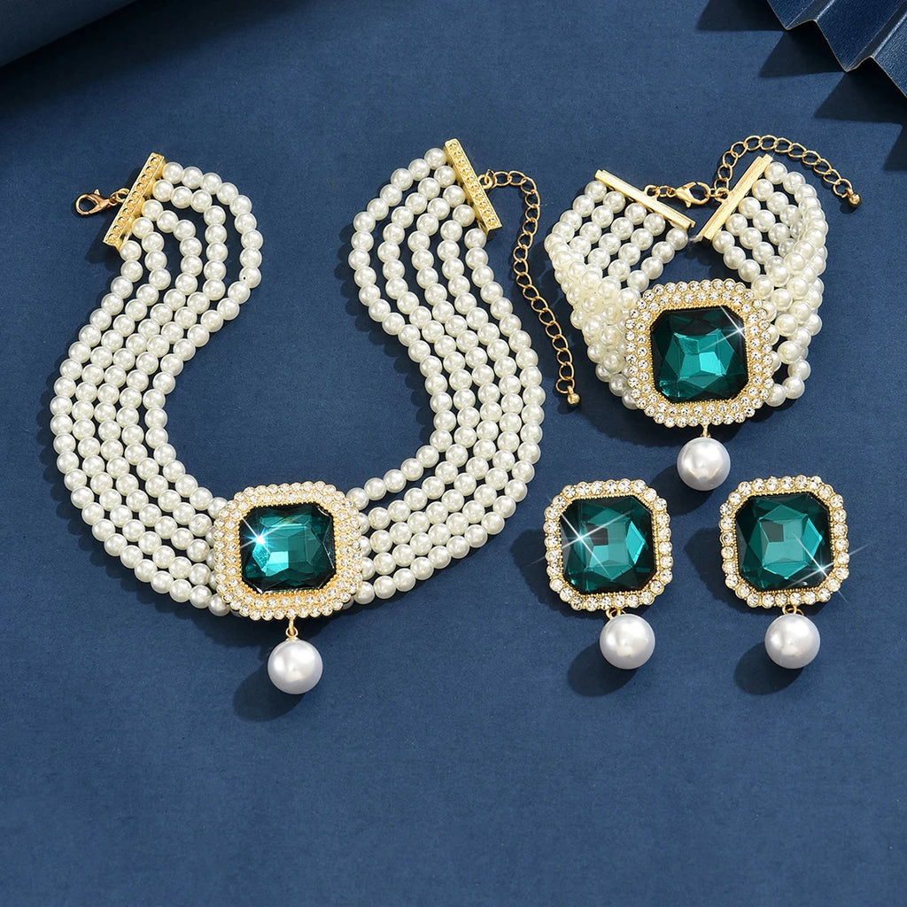 Luxury Faux Pearl & Rhinestone 4-Piece Jewelry Set