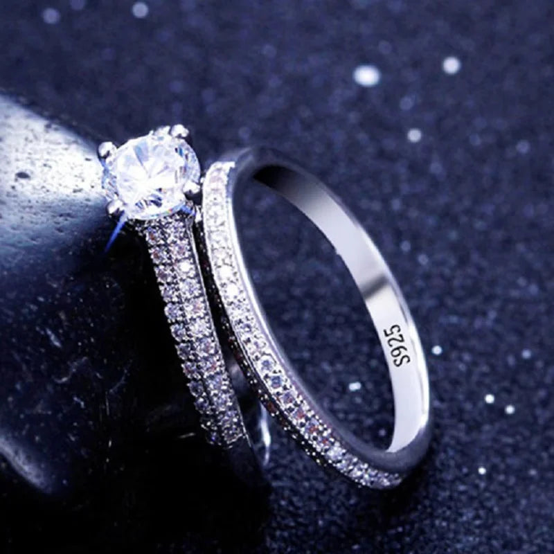 Vintage Halo 925 Sterling Silver Wedding Ring Set