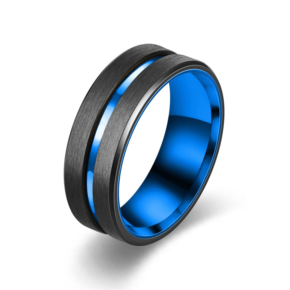 Men's 8mm Black Grooved Stainless Steel Wedding Band Ring