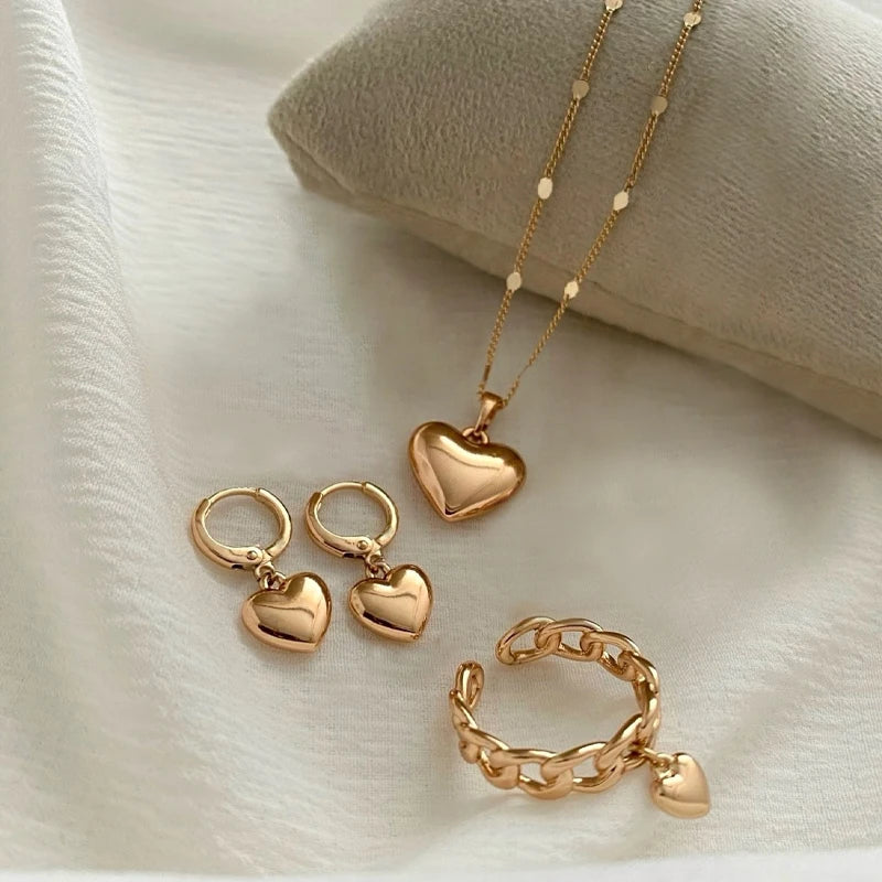Vintage Gold Heart Necklace, Ring & Hoop Earring Set