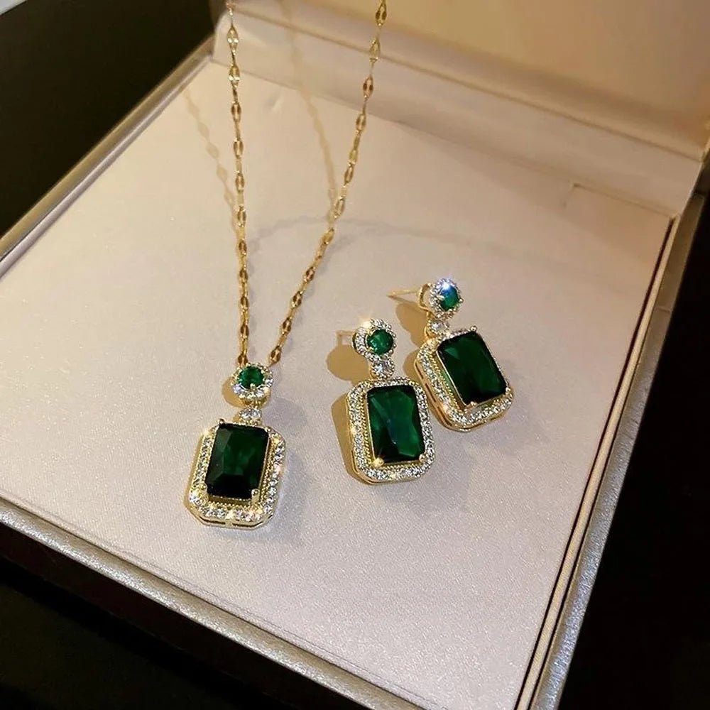 4-Piece Square Rhinestone Necklace, Earrings & Ring Set