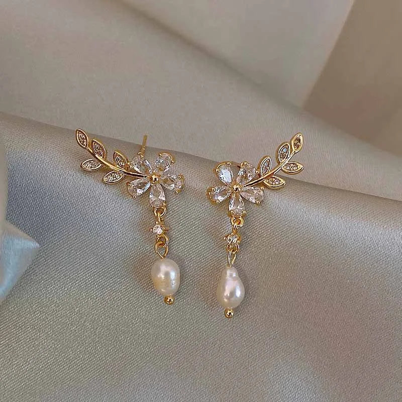 Elegant Crystal Floral Tassel Stud Earrings