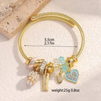 Elegant Gold Beaded Heart Charm Cuff Bracelet