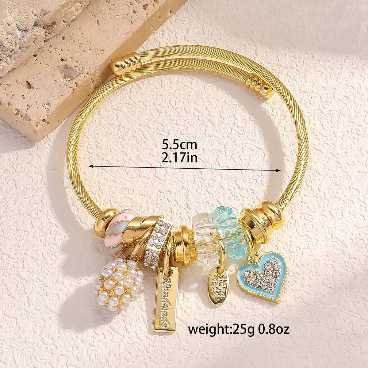 Elegant Gold Beaded Heart Charm Cuff Bracelet