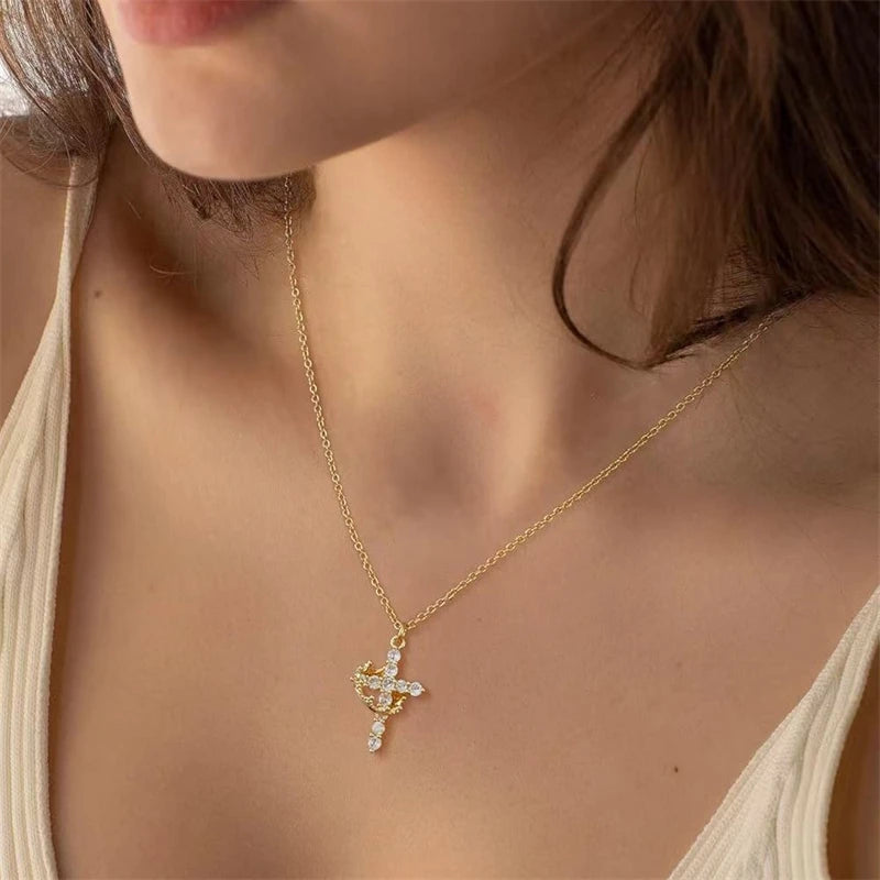 Sparkling Stainless Steel Rotatable Crown Cross Necklace