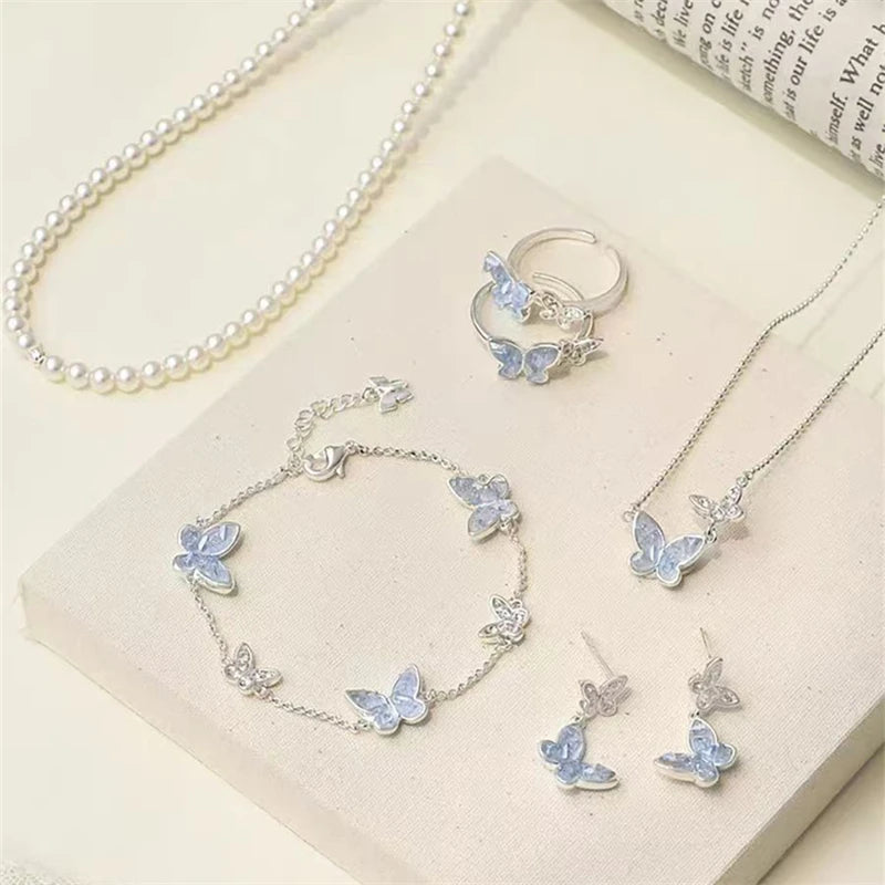Luxury Blue Zircon Double Butterfly Jewelry Set