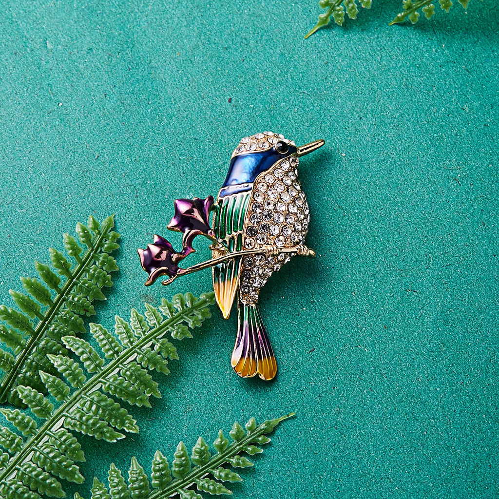 Sparkling Rhinestone Enamel Hummingbird Brooch Pin