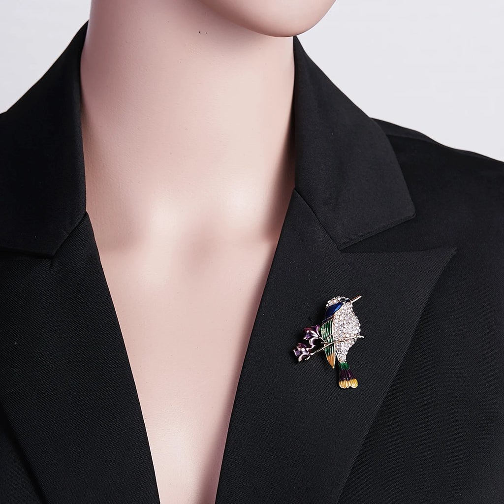 Sparkling Rhinestone Enamel Hummingbird Brooch Pin