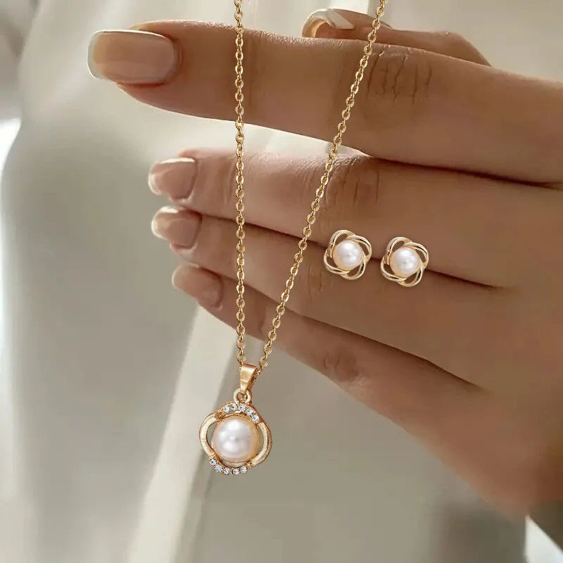 Elegant Pearl Pendant Necklace & Earring Jewelry Set