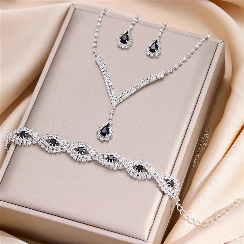 3-Piece Black Teardrop Rhinestone Bridal Jewelry Set