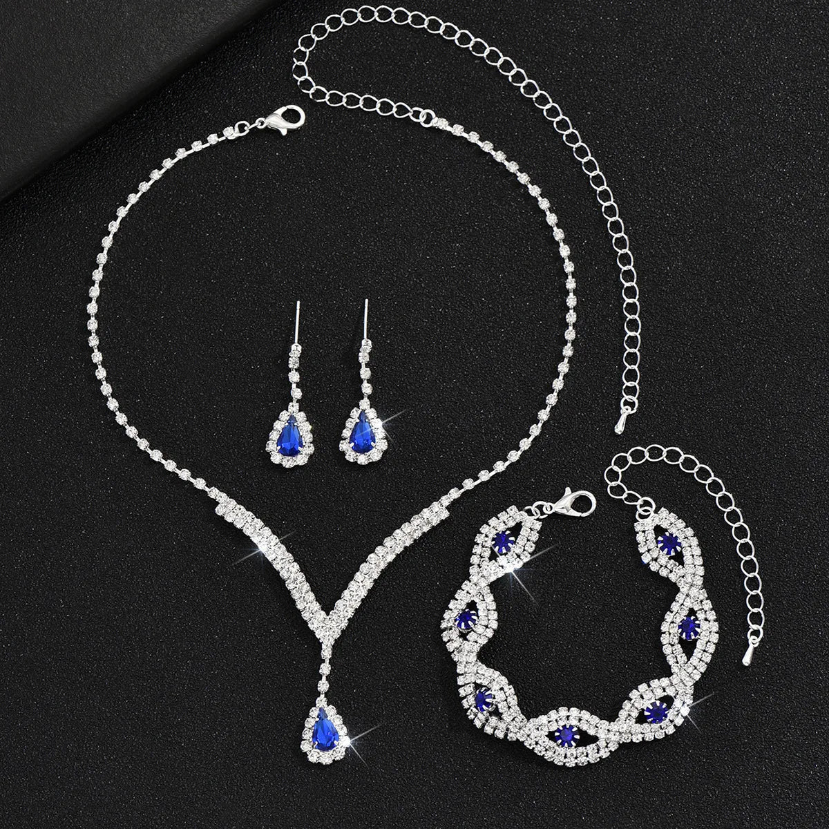 3-Piece Black Teardrop Rhinestone Bridal Jewelry Set