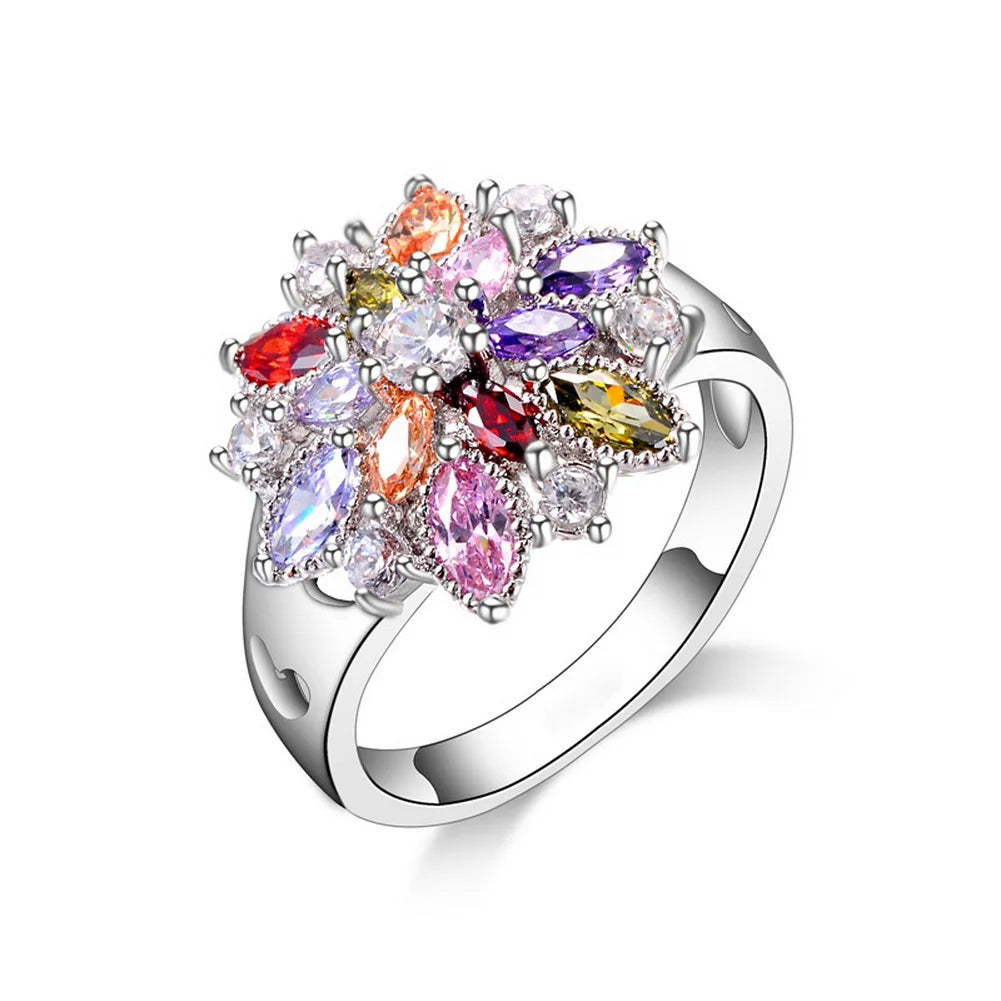 925 Sterling Silver Colorful Cubic Zirconia Flower Ring