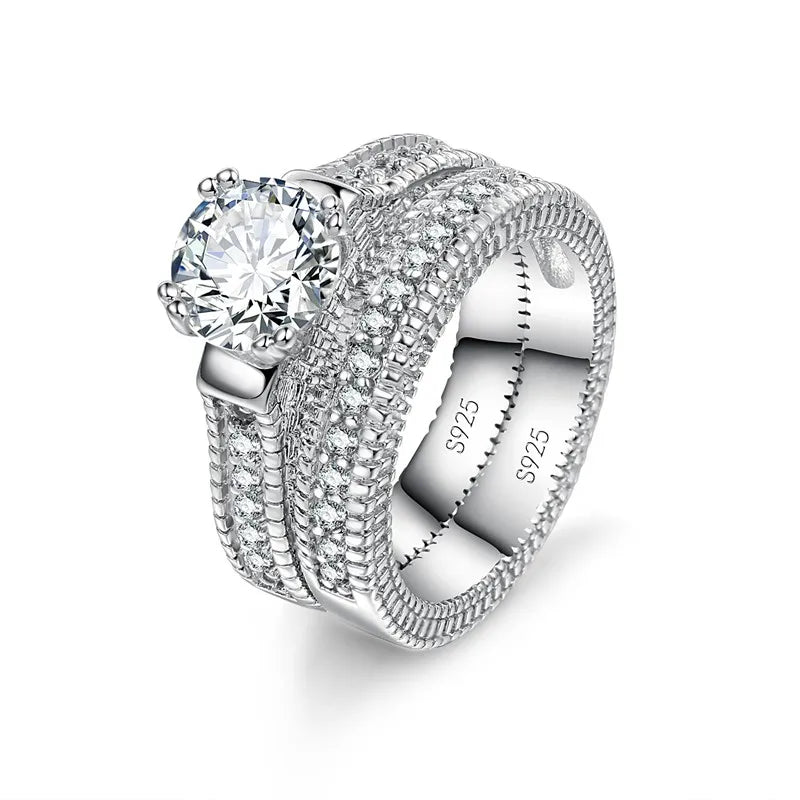 925 Sterling Silver CZ Matching Couple's Ring Set