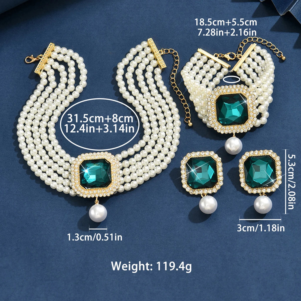 Luxury Faux Pearl & Rhinestone 4-Piece Jewelry Set
