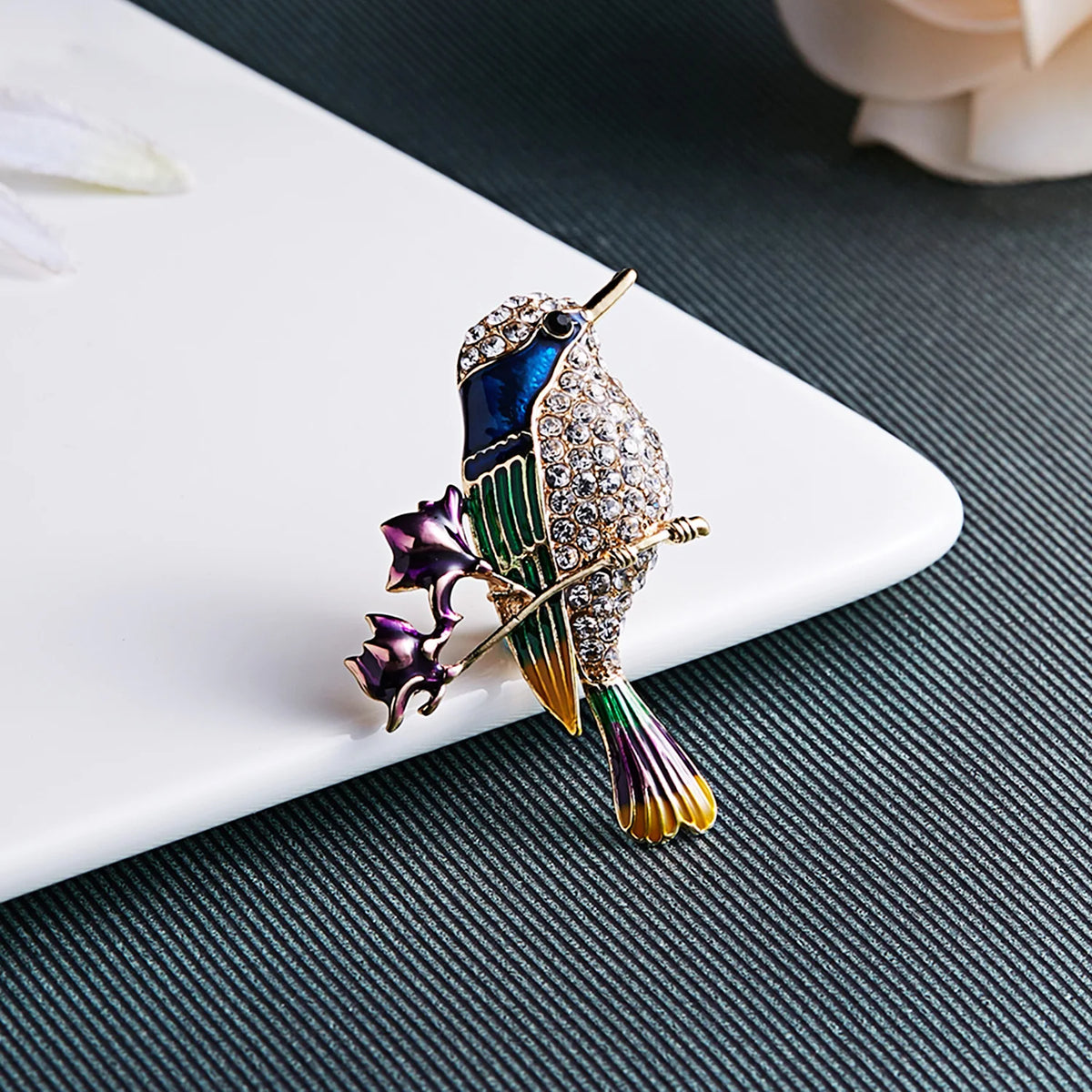 Sparkling Rhinestone Enamel Hummingbird Brooch Pin
