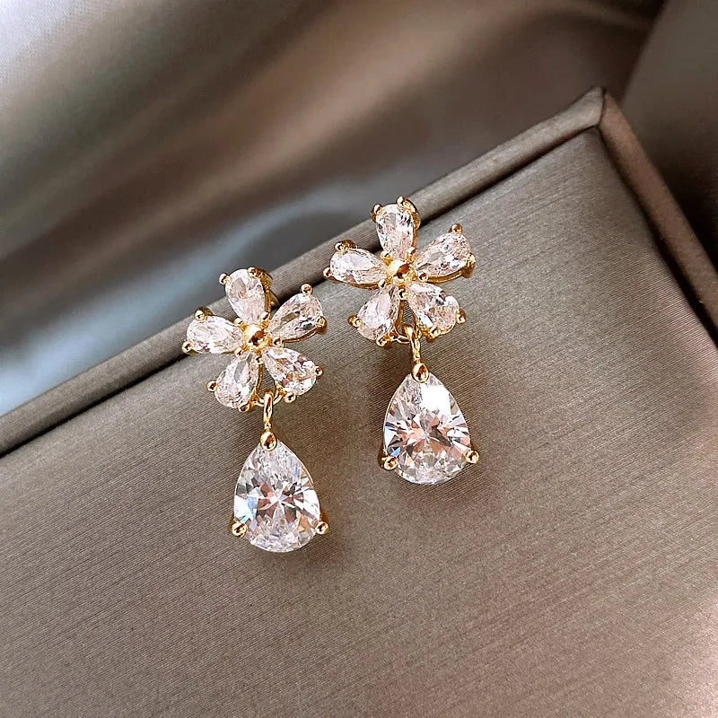 Elegant Crystal Floral Tassel Stud Earrings