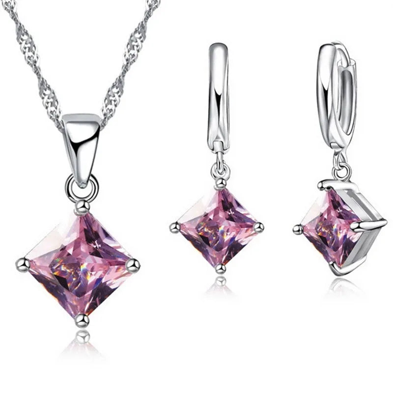Sterling Silver Geometric Crystal Necklace & Earring Set