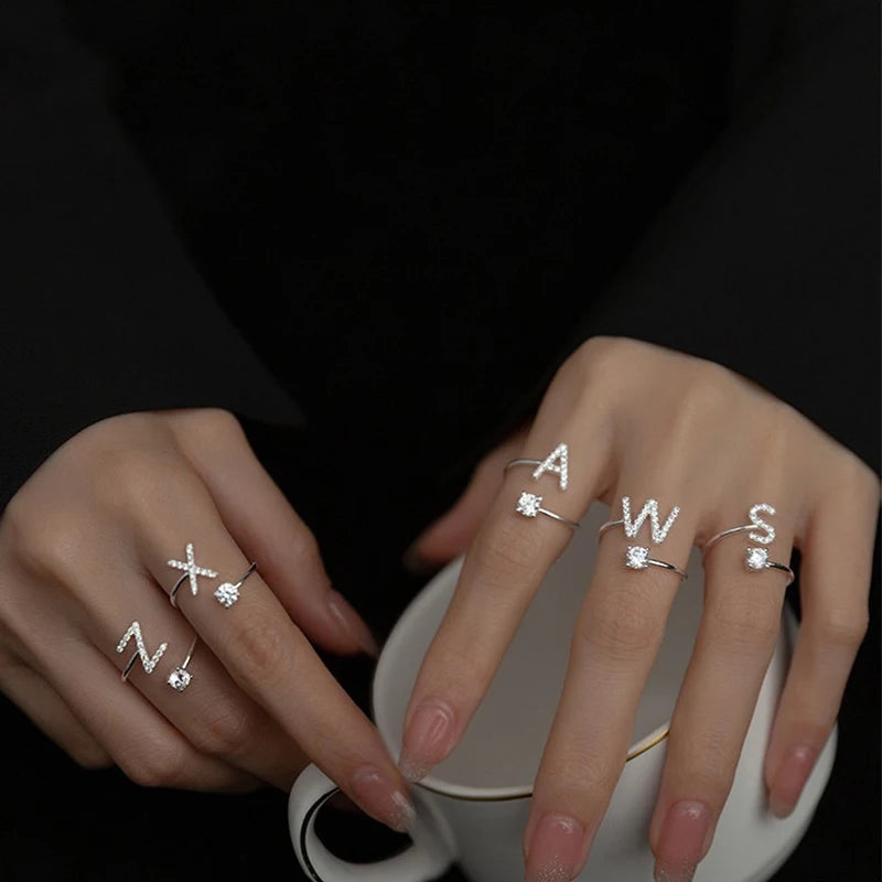 Sparkling Zircon Initial Ring | Adjustable Letter Ring