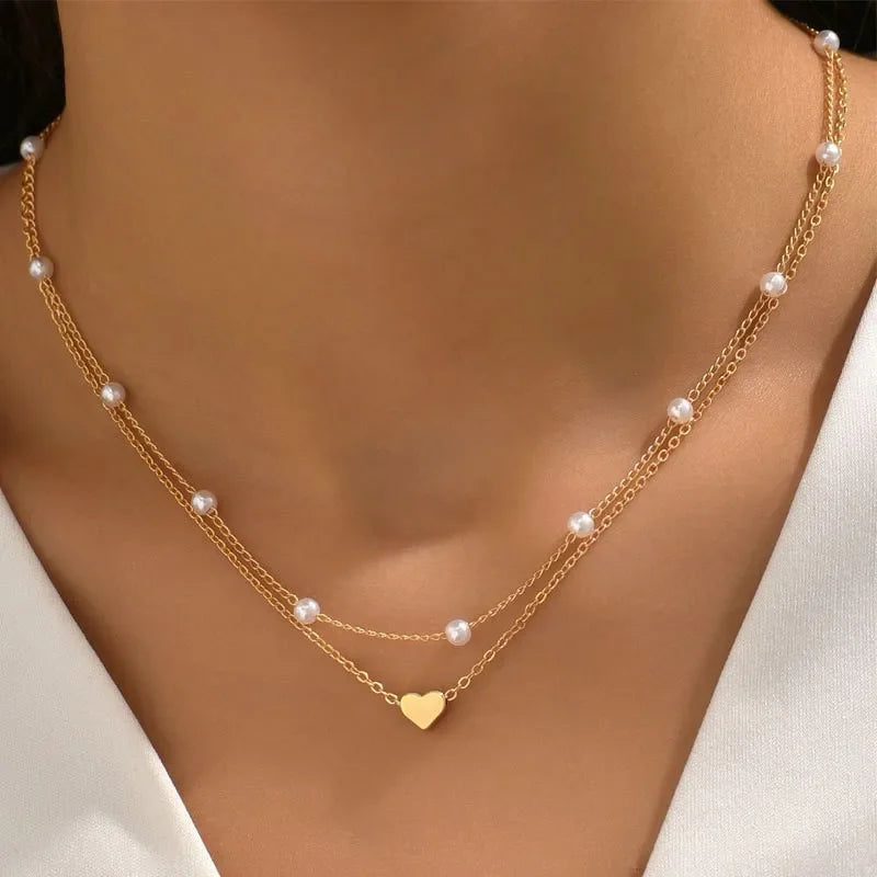 Layered Gold-Tone Pearl & Heart Pendant Necklace