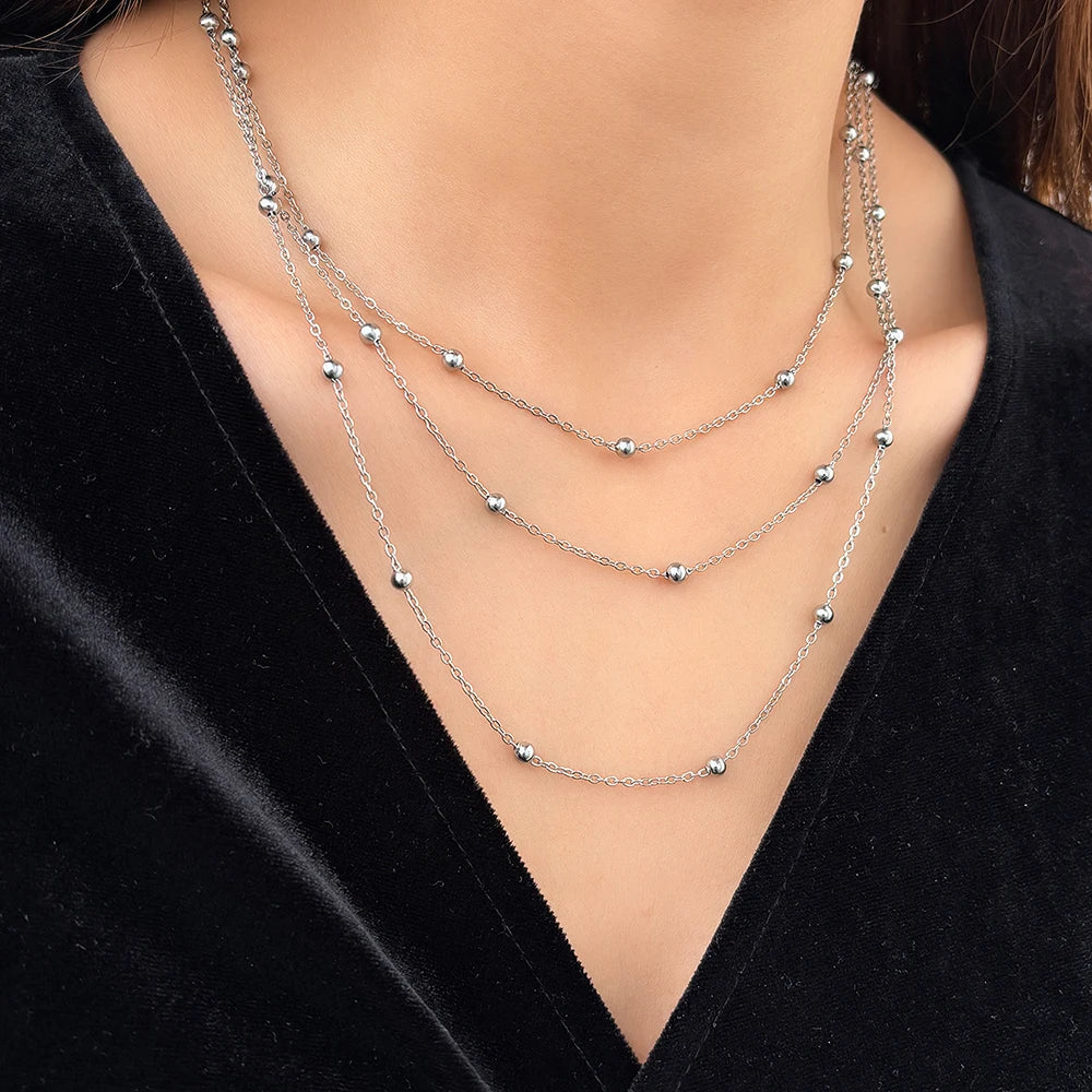 Delicate Multi-Layer Beaded Stainless Steel Necklace