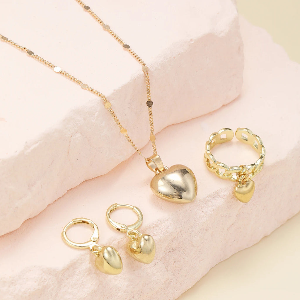 Vintage Gold Heart Necklace, Ring & Hoop Earring Set