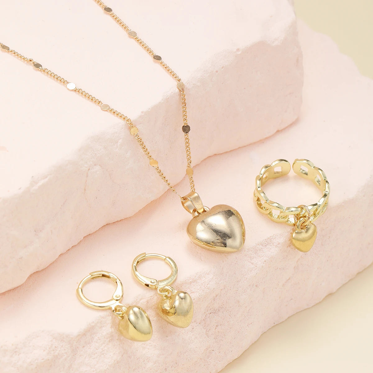 Vintage Gold Heart Necklace, Ring & Hoop Earring Set